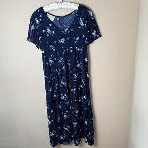Vintage Byer Too Midi Dress Womens Small Medium 6 Navy Floral Empire Waist 90s